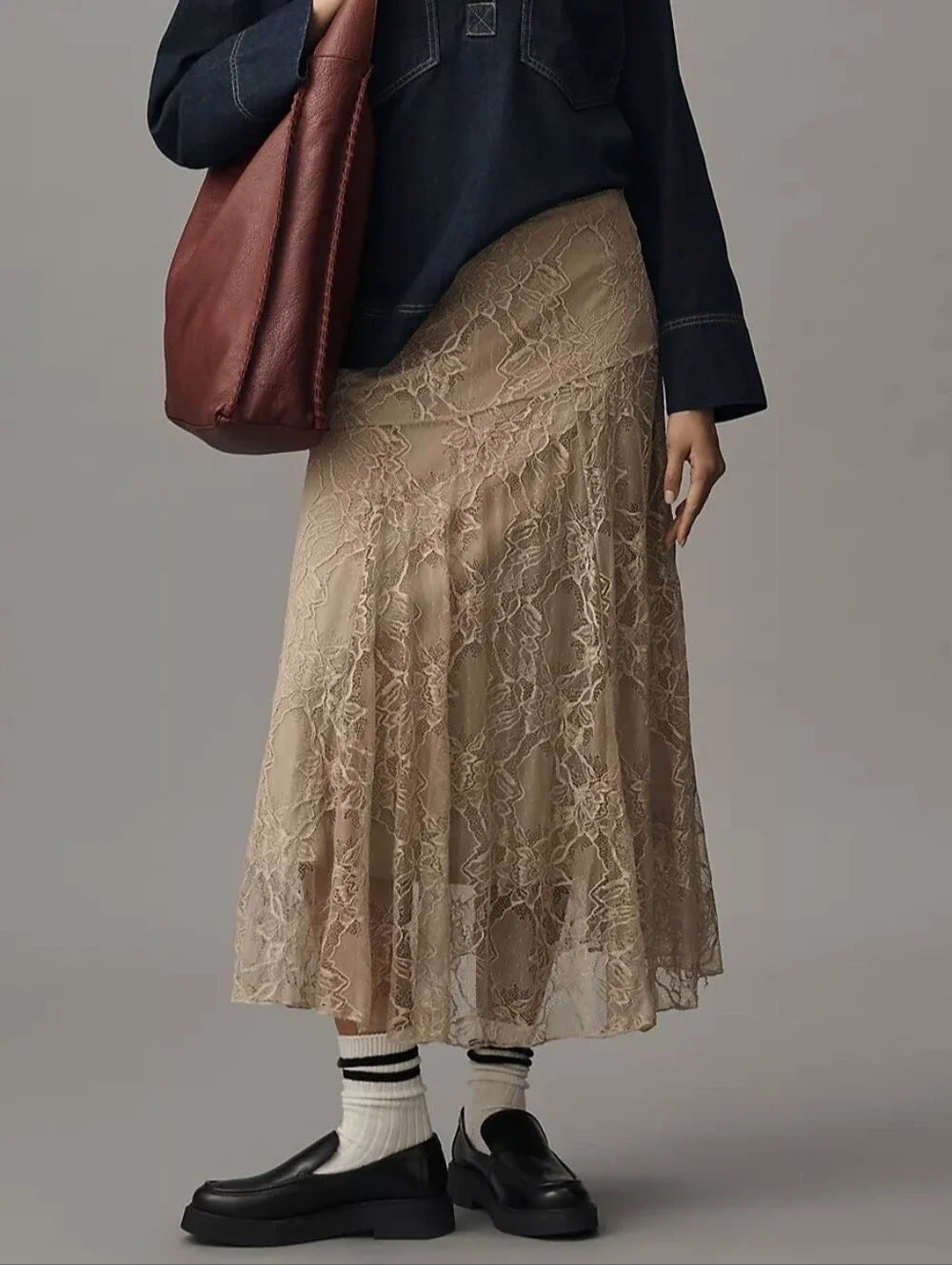 Anthropologie Asymmetric Drop-Waist Lace Midi Skirt Pull-On Taupe Size M $128